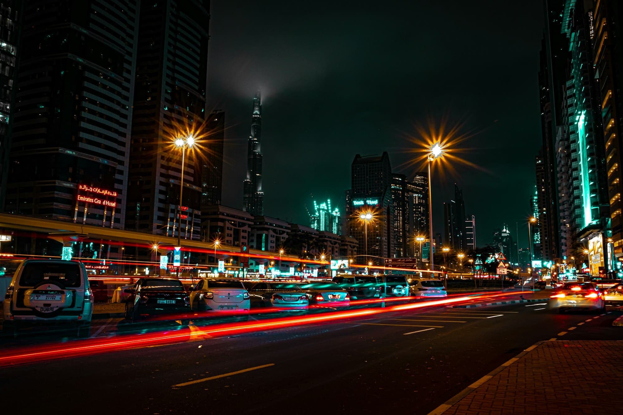 Dubai streets with light trails at night